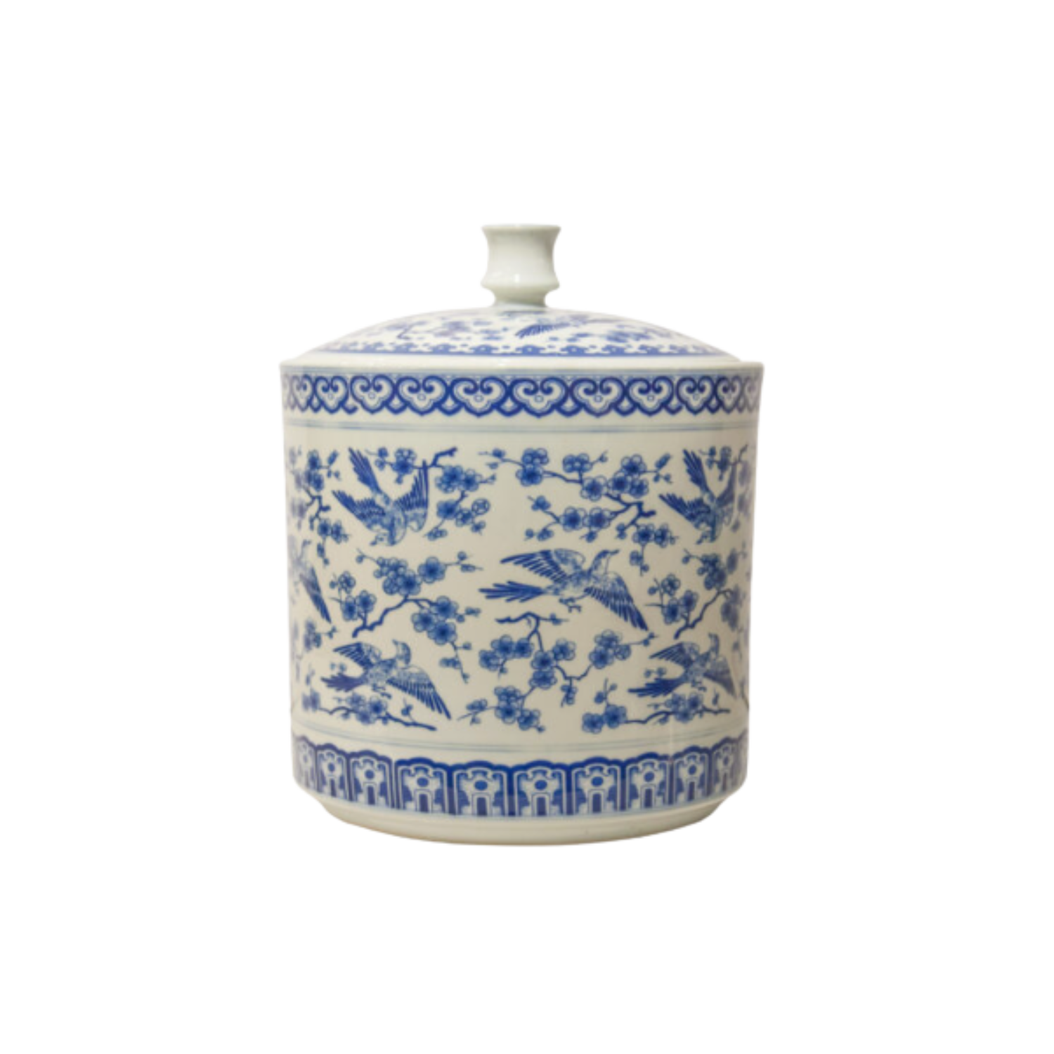 Blue and White Bird Covered Jar